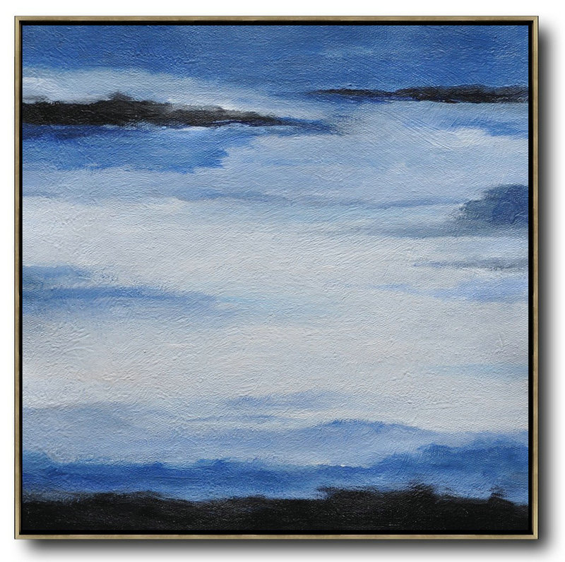 Oversized Abstract Landscape Painting,Hand Paint Large Clean Modern Art,Black,Blue,White